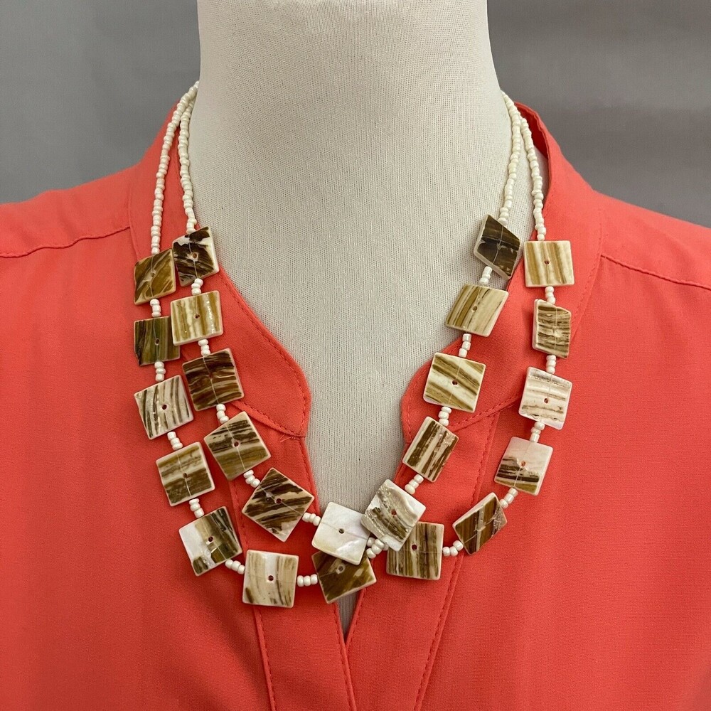 Claire's Brown White Square Shell Beaded Multicolor Silver-tone Necklace NWOT‎